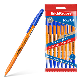 Набор  8 синих шариковых ручек "Erich Krause.R-301 Orange Stick" 0,7 мм 56614